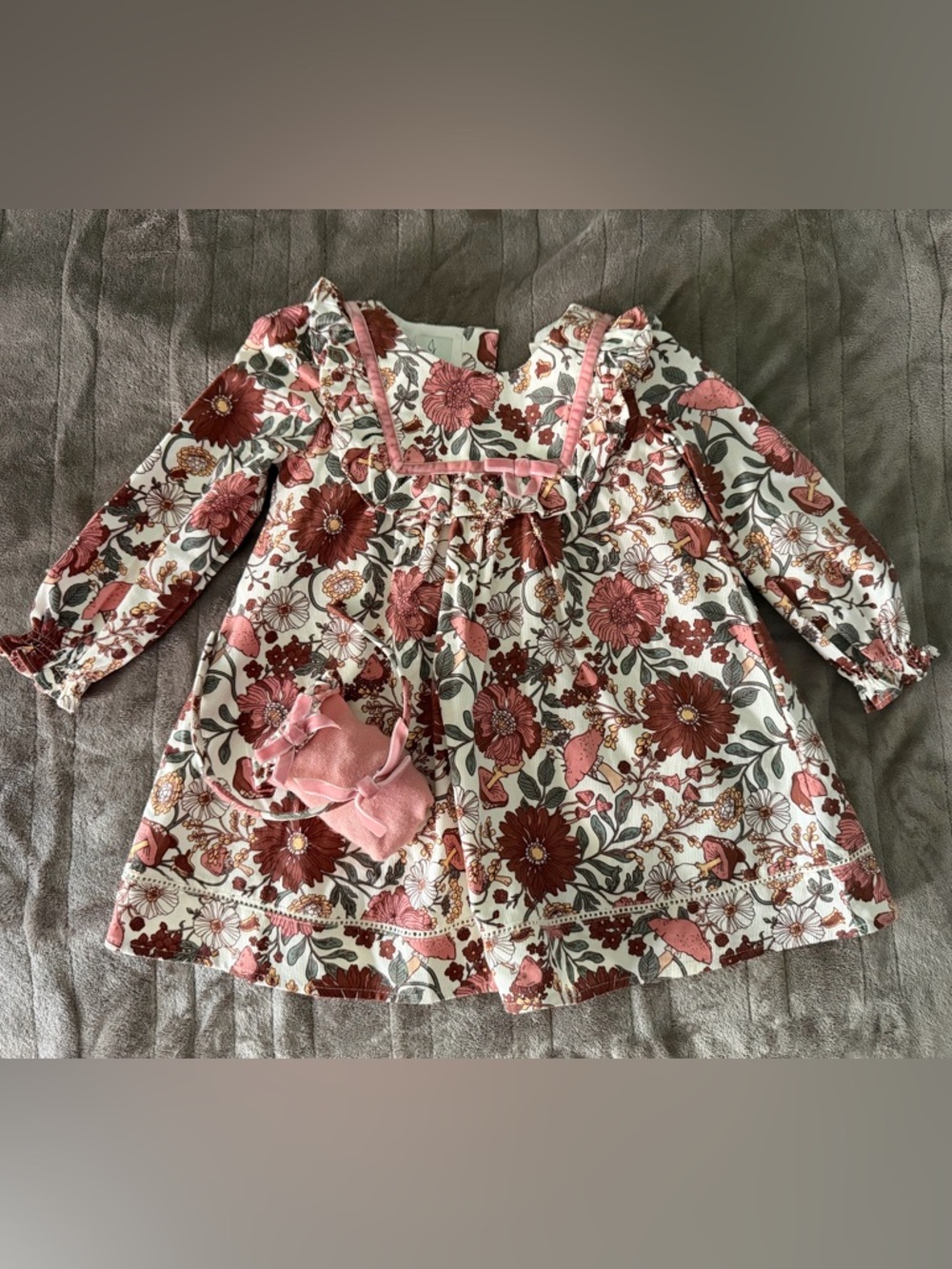 Jolie Floral Long Sleeve Dress in Cream, Pink & Brown